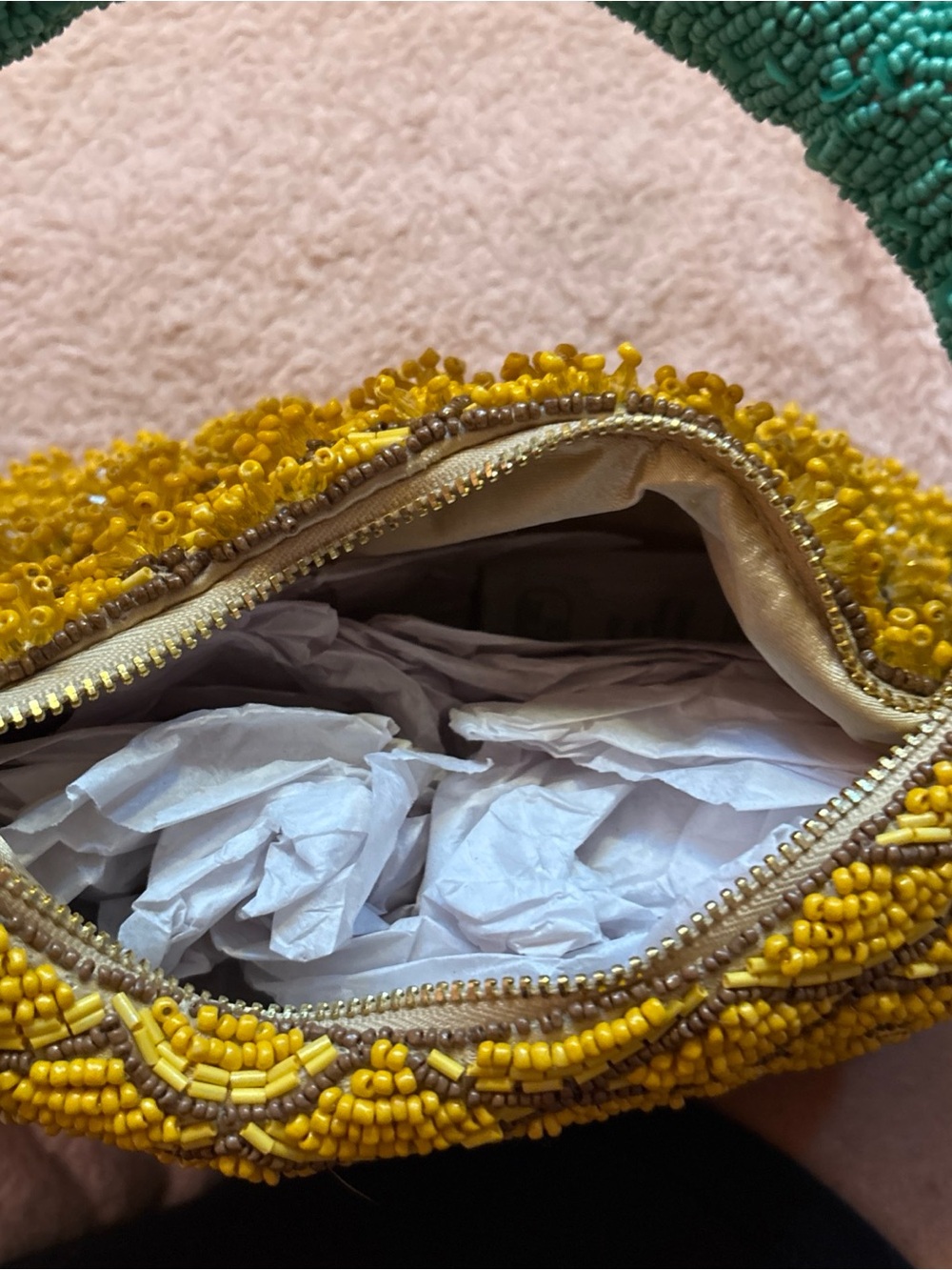 Yellow Beaded Evening Clutch with Green Wrapped Handle - Picture 4 of 4